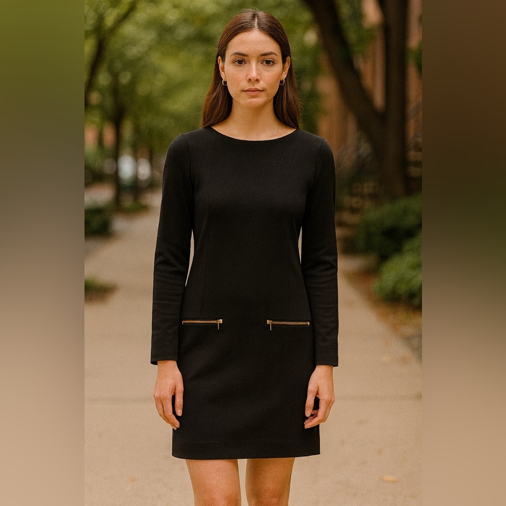 J. Crew Womens Size 2 Black Shift Dress Gold Zip Pockets Faux Leather Arm Patch